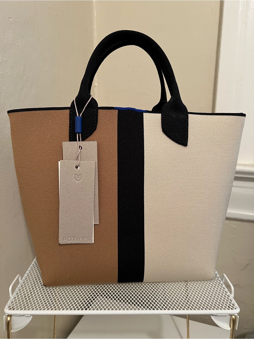Rothy's Two-Tone Tote in Tan, Cream and Black Trim